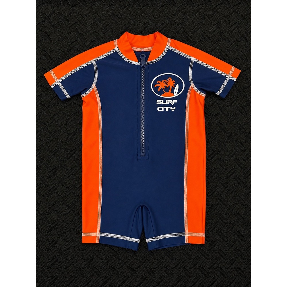 Surf City Boys Navy Blue Orange Short Sleeve Rash Guard One Piece Swimsuit Kids